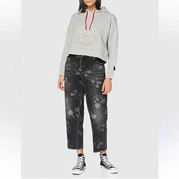 Desigual Women's Black Mickey Mouse Print Jeans Straight Leg Raw Hem SZ 34